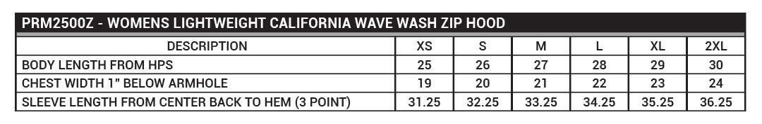 PRM2500Z Women's Lightweight California Wave Wash Zip Hood Sizing Chart