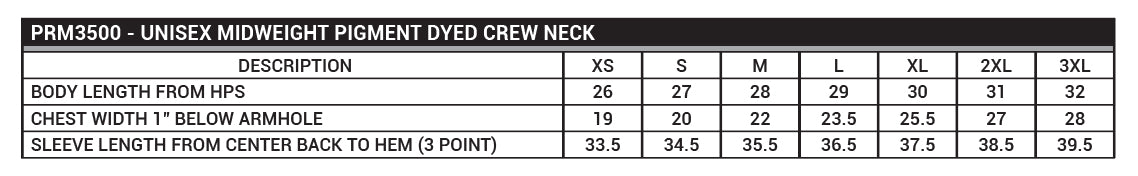 PRM3500 Unisex Midweight Pigment Dyed Crew Neck Sizing Chart