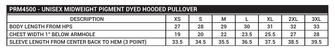 PRM4500 Unisex Midweight Pigment Dyed Hooded Pullover Sizing Chart