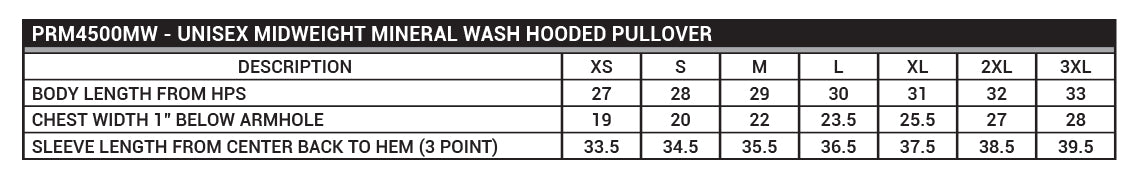 PRM4500MW Unisex Midweight Mineral Wash Hooded Pullover Sizing Chart