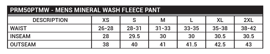 PRM50PTMW Men's Mineral Wash Fleece Pant Sizing Sheet