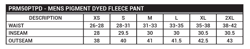 PRM50PTPD Men's Pigment Dyed Fleece Pant Sizing Sheet