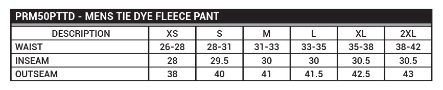 PRM50PTTD Men's Tie Dye Fleece Pant SIzing Chart