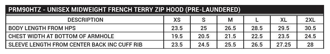 PRM90HTZ Unisex Midweight French Terry Zip Hood Sizing Chart