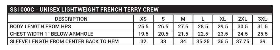 SS1000C Unisex Lightweight French terry Crew Sizing Chart