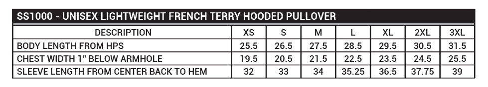 SS1000 Unisex Lightweight French Terry Hooded Pullover Sizing Chart