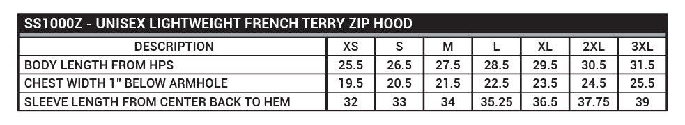 SS1000Z Unisex Lightweight French Terry Zip Hood Sizing Chart