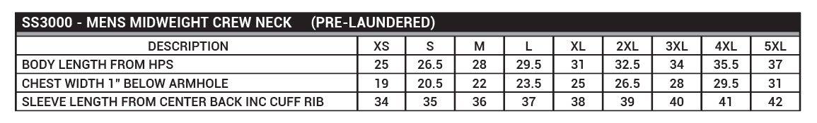 SS3000 Men's Midweight Crew Neck Sizing Chart