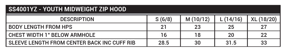 SS4001YZ Youth Midweight Zip Hood Sizing Chart