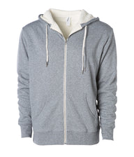 Unisex Heavyweight Sherpa Lined Heather Zip Hood in color Salt & Pepper