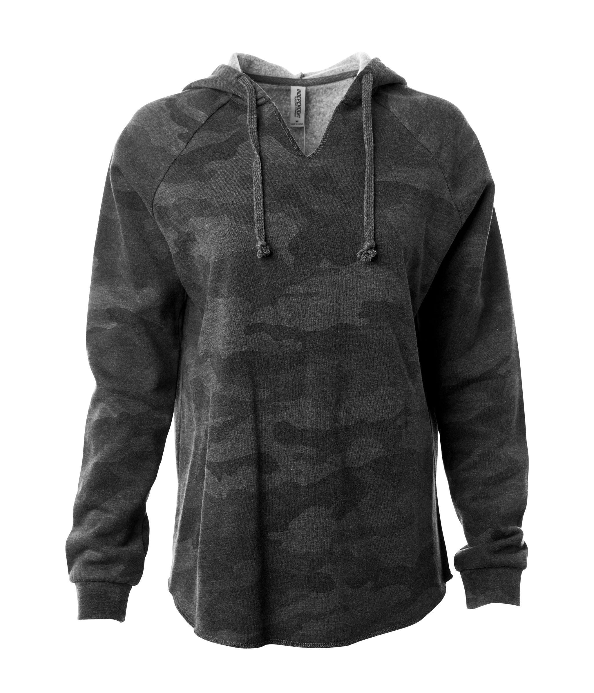 Women's California Wave Wash Hooded Pullover in color Black Camo Heather.