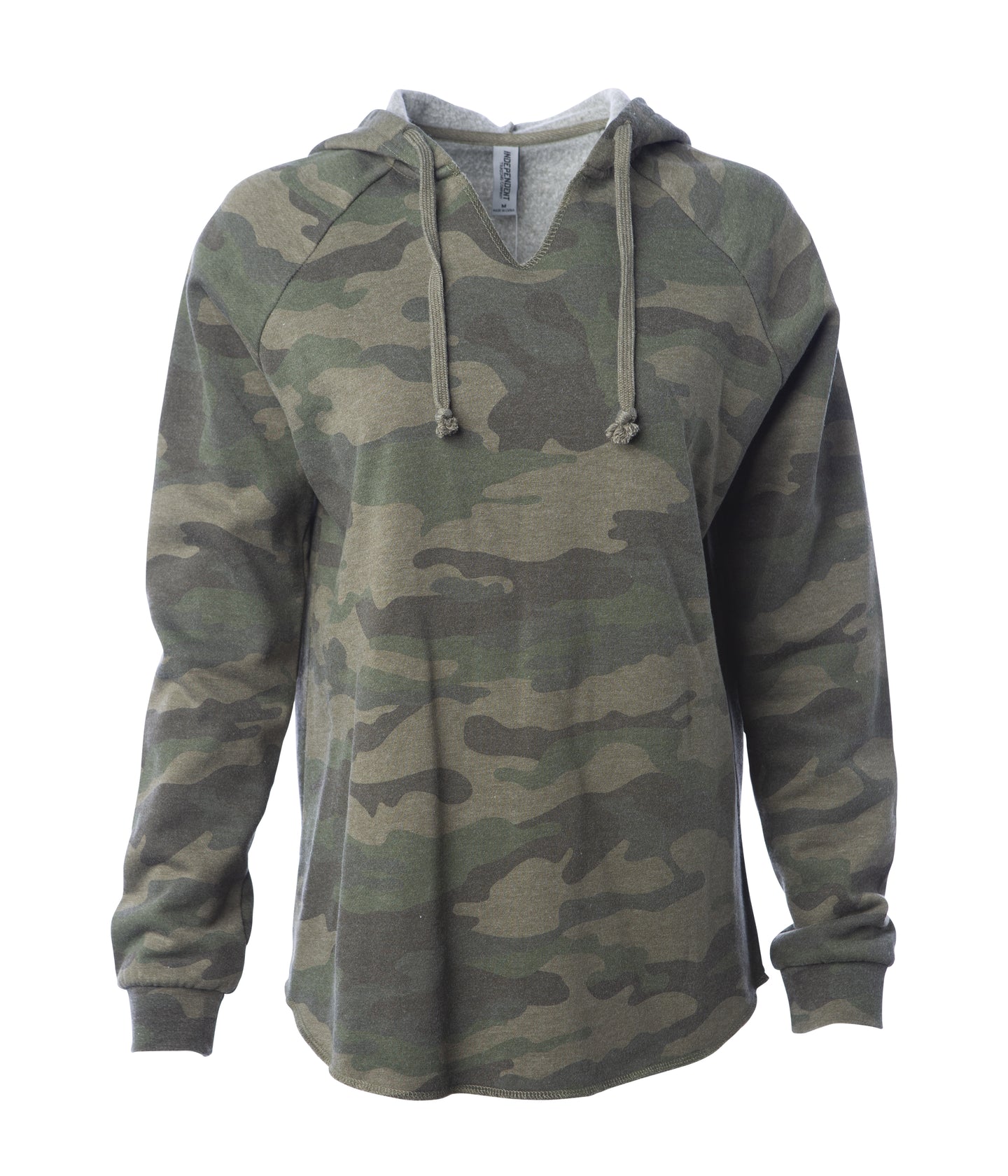 Women's California Wave Wash Hooded Pullover in color Forest Camo Heather.