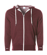 Unisex Heather French Terry Zip Hooded Sweatshirt in color Burgundy Heather